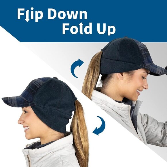 〽️Women’s Blue Plaid Winter Ponytail Trucker Hat with Drop-Down Ear Warmers main image 2